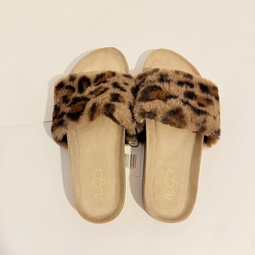 Sugar Leopard Print Faux Fur Slide Sandals Size 7 New No Box